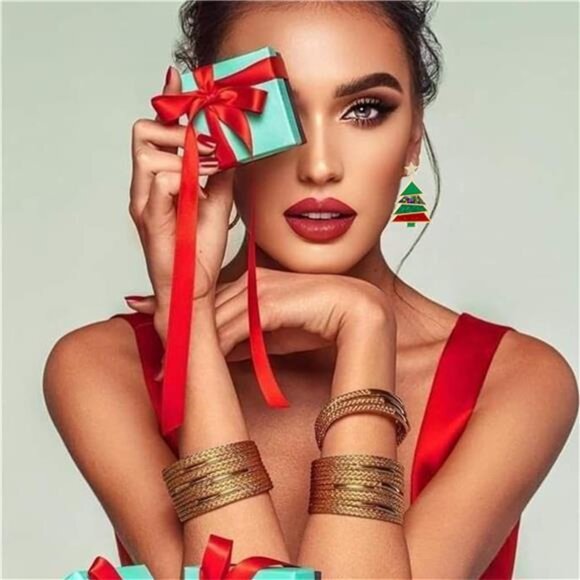 Red & Green Acrylic Christmas Earrings | Festive Holiday Tree Jewelry Gift - Picture 5 of 6